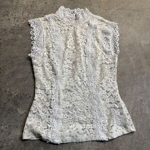 Women's White Lace Sheer Sleeveless Top Sz S Boho Coquette Cottagecore Highneck